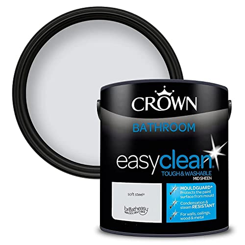 2.5L CROWN Easyclean Bathroom MID-SHEEN Emulsion Multi Surface Paint With MOULDGUARD+ That can be Used on Walls, Ceilings, Wood and Metal. Stain & Scrub Resistant Formula – Soft Steel