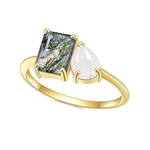 Green Moss Agate Rings 14K Gold/14K Rose Gold Three Stone Engagement Ring in 925 Sterling Silver Women’s Gold Ring Gifts for Her