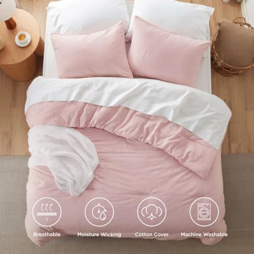 Image of Bedsure Comforter Set Full Size - Cotton Fabric with Microfiber Inner Fill, Light Pink PureWoven Soft Bed Set for All Seasons, 3 Pieces, 1 Comforter (82 inch x 86 inch) and 2 Pillow Cases (20 inch x 26 inch)