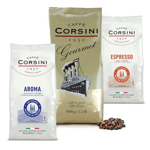 Caffè Corsini - Set Café en Grains Aromatiques Le Réveil Parfait, Café Sélectionné, 2x500g + 1kg, 2kg Total