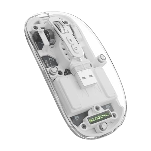 Image of ZEBRONICS Sheer Rechargeable Wireless Mouse, Dual Mode (2.4GHz + BT), Dual Bluetooth, Silent Operation, Transparent Body, RGB, Battery Indicator, for Mac | Laptop | Computer (White)