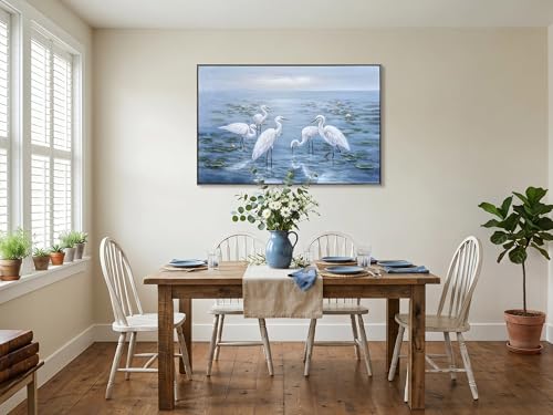 Eonzeun 30×45 Inch Hand Painted Egret Oil Painting on Canvas, Large Framed Wall Art, Modern Neutral Nature Artwork for Living Room Bedroom - Image 7