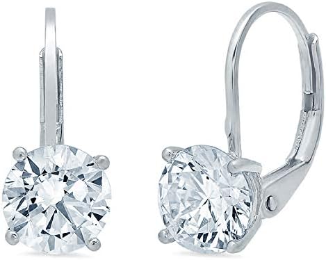 4.0 CT Brilliant Round Cut Conflict-Free VVS1 Ideal Gemstone Birthsone designer Simulated Diamond CZ Solitaire Drop dangle Lever Back Earrings Solid 14k WHITE Gold