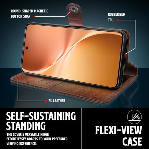 Image of WOW IMAGINE Shock Proof Flip Cover Back Case for Vivo V60 5G | V60e 5G | Vivo T4 Pro 5G (Magnetic Button Flip Case | Wallet Pockets & Stand | Leather Finish | Coffee)