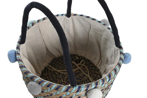 Set 3 paniers seagrass et polyester 43x43x43 cm à pompons
