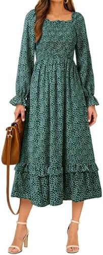 Dokotoo Boho Dresses for Women 2025 Casual Floral Square Neck Long Sleeve Smocked Elastic Waist Tiered Ruffle Hem Maxi Dress