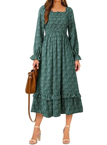 Image of Dokotoo Boho Dresses for Women 2025 Casual Floral Square Neck Long Sleeve Smocked Elastic Waist Tiered Ruffle Hem Maxi Dress