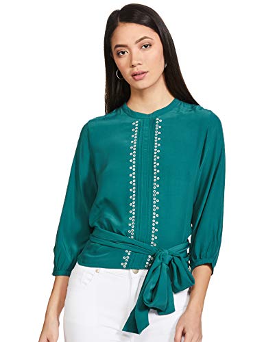 Image of Label RITU KUMAR Round Neck 3 /4 Sleeves Teal Blue Short Top