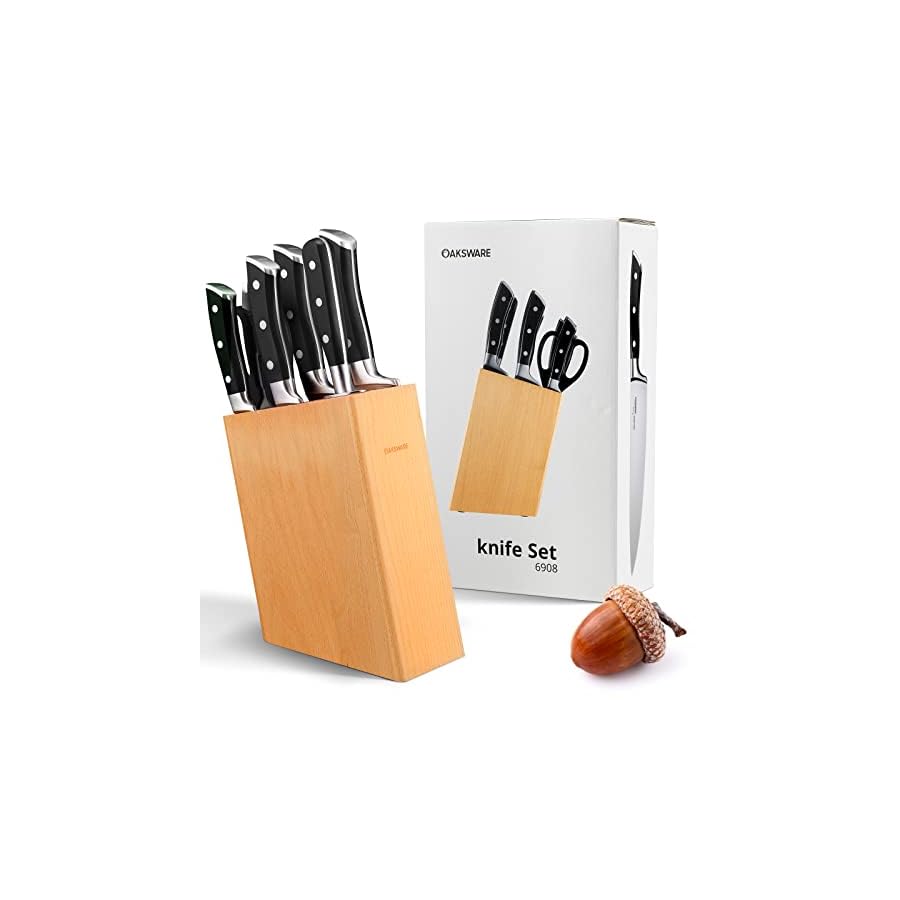 OAKSWARE Knife Sets, 8 Piece Knife Set for Kitchen with Block, German Stainless Steel Chef Knives Set with Ergonomic Handle