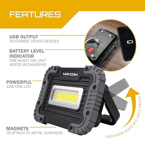 Uni-Com Rechargeable Flood Light – Powerful 10W COB LED Site Light, 3 Lighting Modes, Adjustable Stand, Magnetic Mount, USB Output & Included USB-C Charging Cable for DIY, Camping, Work & Home Use