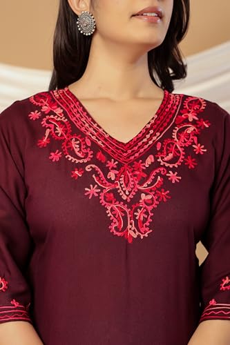 Image of Rayon Kashmiri Embroidered Short Kurti for Women | V-Neck Tunic Top with 3 /4 Sleeves | Floral Design Indo-Western Kurti for Jeans & Leggings
