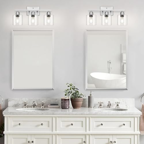 Image of Modern Brushed Nickel 3 Light Bathroom Light Fixtures,19 inch Vanity Lights For Bathroom With Clear Glass, Bathroom Lighting Fixtures Over Mirror For Mirror Kitchen Living Room Hallway Cabinet Porch