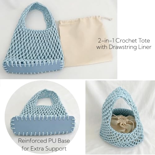 Image of Mini Clutch Handbag Fishing Net Bucket Bag Cotton Rope Crochet Drawstring Woven Beach Bag Small Tote for Women Girls