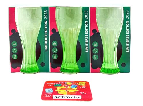 sefrado Bundle mit 3er Cola Glas Set Grün McDonalds - Sammel Gläser - mit exclusivem Untersetzer