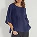 Linen Shirts Solid Color Basic 3/4 Sleeve Tops 2025 Crewneck Casual Pleated Blouses Summer Vacation (Dark Blue, L)