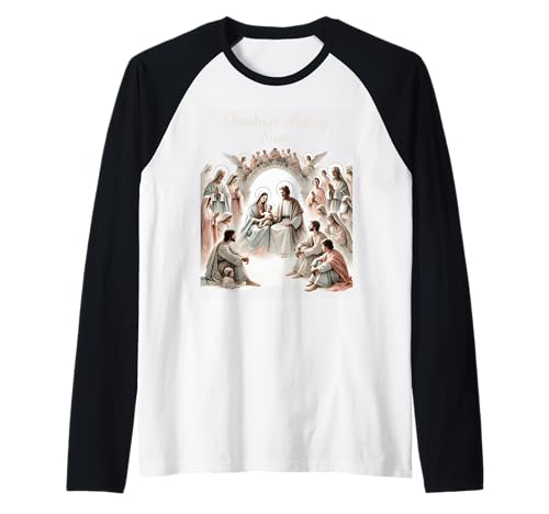 Colorido Belén de Navidad Nacimiento de Cristo Camiseta Manga Raglan