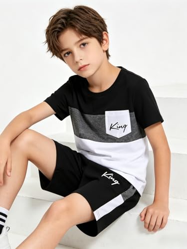 Image of Size 6-12 Years Boys Summer Outfits Set Kids Short Sleeve Top T-Shirt & Shorts Color Block Clothing Sets