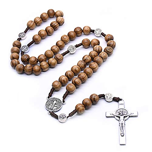 Caiyao Handmade Wooden Resin Crucifix Rosary Beads Chain Pendant Necklace Colorful Love Heart Catholic Cross Virgin Mary Jesus Necklace for Women Men Religious Lord Praying Jewelry Gift-D brown