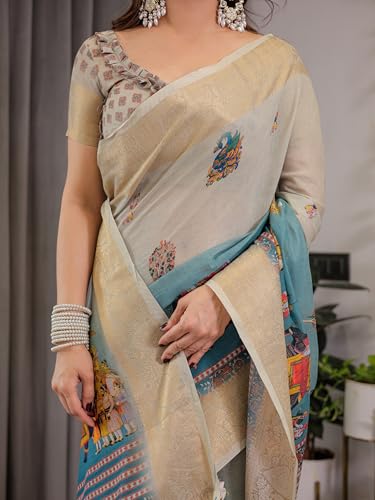 Image of ALMAARI FASHION Handloom Cotton Saree, Beige and Turquoise with Traditional Prints, Silver Zari Border, 5.5 Metre with Blouse Piece