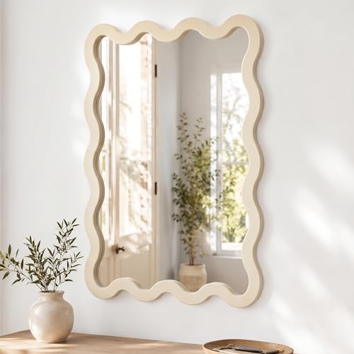 Pocetry 22x30 White Wavy Wall Mirror for Vanity Cream Solid Wood Irregular Mirror for Bedroom Cute Squiggle Mirror for Aesthetic Decor Small Asymmetrical Curvy Frame