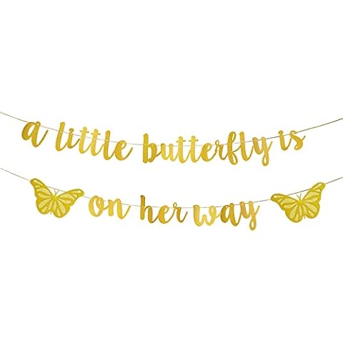 JENSENLIN A Little Butterfly is on Her Way Banner,Butterfly Theme Baby Shower Decor,Butterfly Gender Reveal/Baby Girl Party Decorations.(gold) Cover