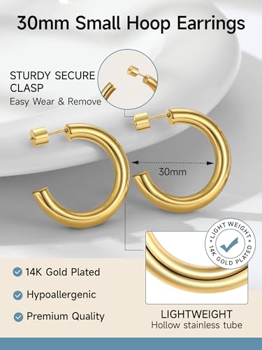 Image of Stainless Steel Chunky Hoop Earrings For Women, Minimalist and Chic, Black /Gold Plated, Round Hoops Earrings Hypoallergenic, Size: 30mm /40mm /60mm /80mm, Come with Box