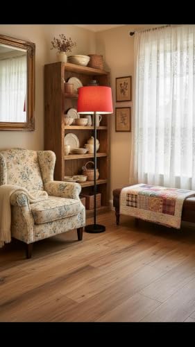Image of Modern Floor Lamp with Fabric Shade, Metal Base, (Red)