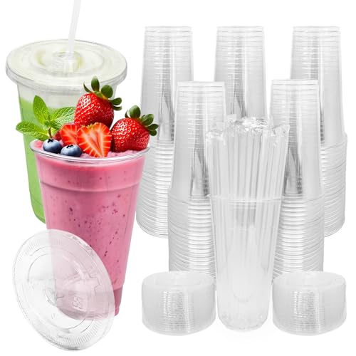 [100 SETS] 32 oz Cups with lids Plastic cups with lids and straws iced coffee cup suitable for takeout iced coffee cold drinks smoothies juices parfaits Frappuccinos and milkshakes.