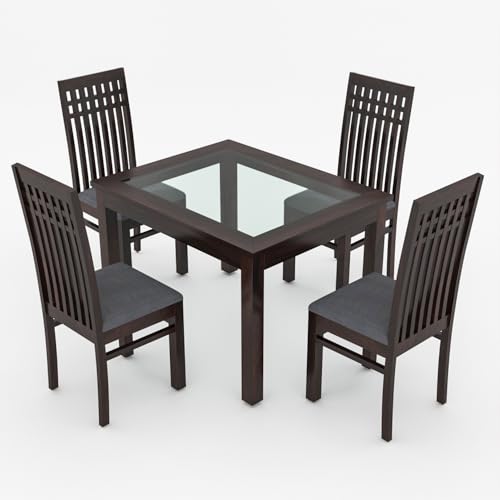 Image of Solid Sheesham Wood Dining Table Set of 4 | Wooden 4 Seater Dining Table with 4 Chairs with Cushion | Wood Dining Table & Chairs for Home, Restaurant, Cafe, Dining Room | Walnut Finish