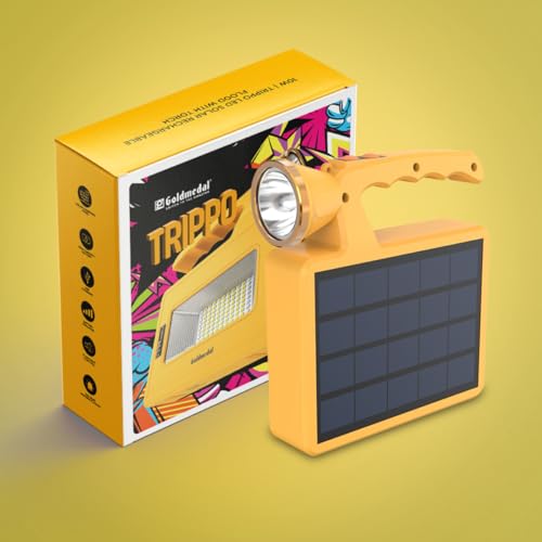 Image of Goldmedal Trippo 10W LED Solar Rechargeable Flood Light with Torch | IP54 Protection | Cool Daylight (6500K) with Red & Blue Light | 750 Lumens | 3 Lighting Modes | Monocrystalline Solar Panel