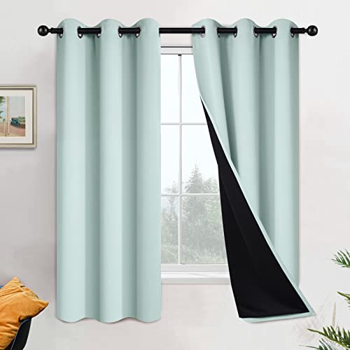 Image of Yakamok 100% Blackout Lined Panels, Room Darkening Thermal Insulated Blackout Curtains for Bedroom, Heat Blocking Drapes for Living Room(42Wx63L, Aqua, 2 Panels)