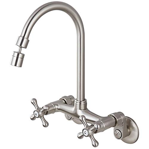 Brushed Nickel Kitchen Sink Faucet Wall Mount 6 Inch Center Kitchen Wall Faucets 360 Degree Swivel Spout Double Cross Handles