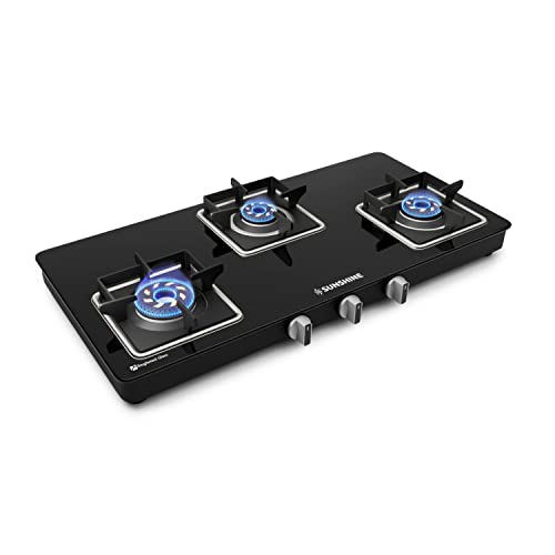 Sunshine Aircross 3 Burner | 5 Year Warranty On Glass & Burner | Toughened Glass Gas Stove, Forged Brass Burner, Manual Ignition | ISI Certified | LPG Ready & PNG Compatible (Premium - Black) at ₹6,949 (50% Off) – Amazon