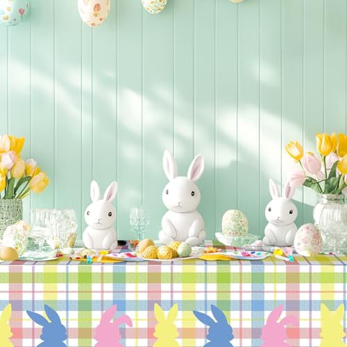 Image of OQOQ Plaid Pastel Easter Tablecloth (3 Packs) -108x54 inches Easter Table Cloth Colourful Happy Bunny Disposable Waterproof Table Cover for Spring Party Decoration Picnic Dinning Home Decor