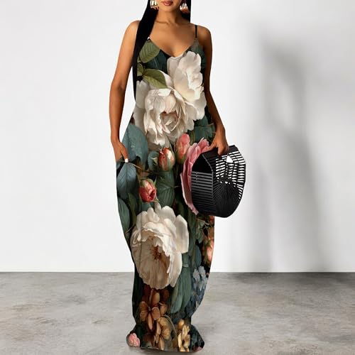 Image of Women's Summer Maxi Dress Spaghetti Strap Floral Boho Beach Long Sundress with Pockets