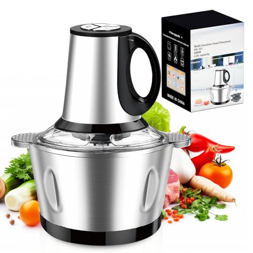 Hachoir électrique 600 W, bol en acier inoxydable de 2 l, 3 vitesses, pour la viande, les légumes, l'ail, les noix