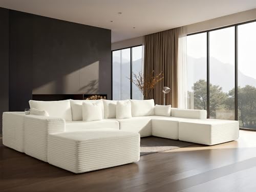 Image of 138 inch Cloud Sectional Couch, Comfort U Shaped Sofa for Living Room, Extra Deep Seats No Assembly, Minimalist Modular Couch, Corduroy (Cream, 8 Seats,U-Shape A)