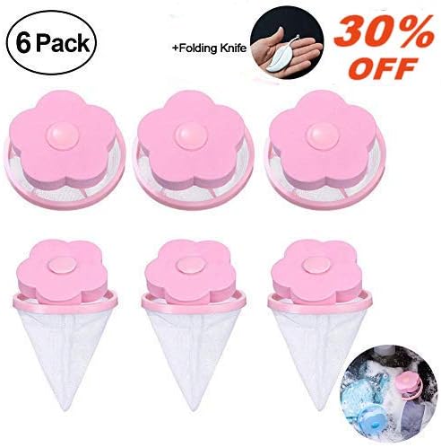 Flower-Type Washing Machine Floating Lint Mesh Bag Hair Filter Net Pouch, Floating Washing Machine Filter Washer Lint Trap (6Pack(Pink))