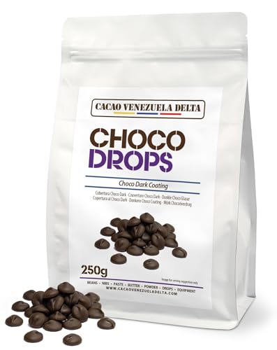 Cacao V Delta Cobertura Choco Negra Especial 250g de Fácil Atemperado, Buena Fluidez y Brillo - Equivalente a Chocolate Blanco Profesional Gotas - Repostería, Pastelería, Baños, Moldes y Decoraciones