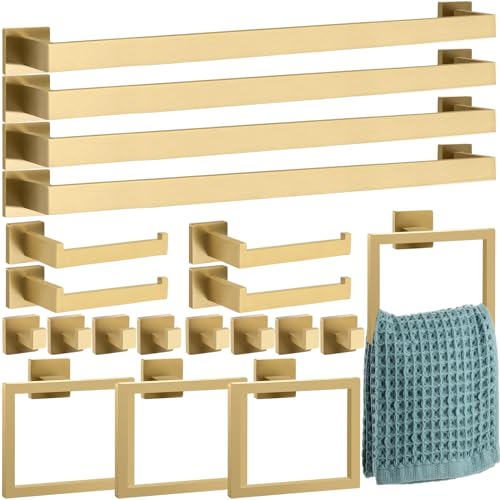 Gisafai 20 Pcs Gold Bathroom Hardware Accessories Set 23.6 Inch Bath Towel Bar Kit Stainless Steel Bathroom Hardware Set Towel Racks Ring Robe Hooks Paper Holder for Wall Mounted