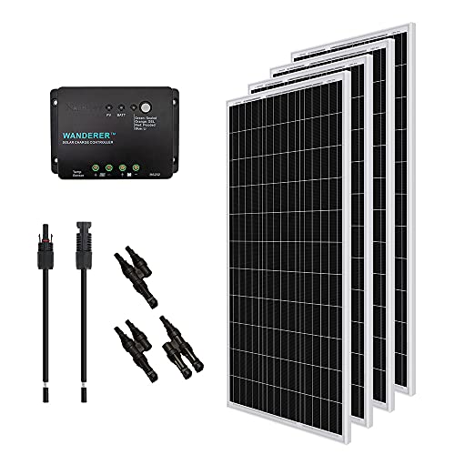 Renogy 400 Watt 12 Volt Monocrystalline Solar Panel Bundle Kit with 4 pcs 100W Panel and 30A Wanderer PWM Charge Controller for RV, Boats, Trailer, Camper, Marine, Off-Grid Solar Power System