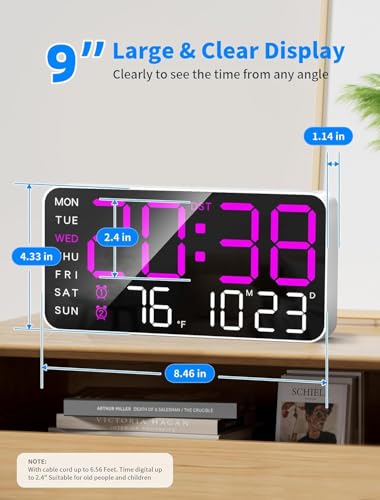 Image of EASEPRES Digital Wall Clock 9 inch LED Large Display, Electronic Wall Mounted & Desk Clock, Day Date Temperature Dual Alarm, 5-Level Adjustable Brightness, USB Powered for Bedroom Office Home (Purple)