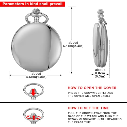 Image of Tiong Pocket Watch Vintage Quartz Pocket Watches with Chain Christmas Graduation Birthday Gifts Father's Day(Silver)