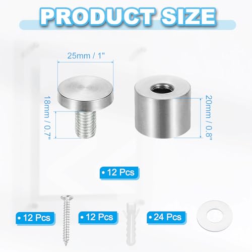 Image of PATIKIL 1 inch x 1 inch Standoff Screws, 12 Pack Stainless Steel Wall Mount Sign Standoffs Mounting Hardware Advertising Nail for Hanging Acrylic Picture Frame, Silver