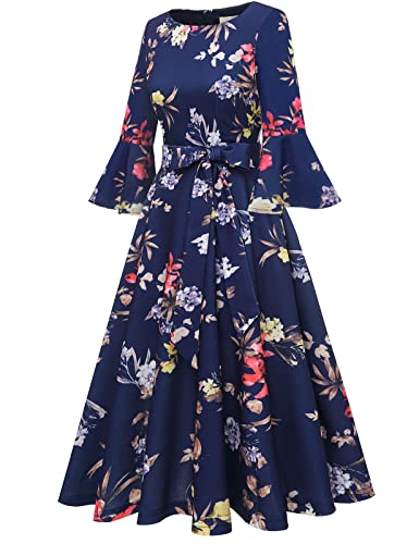 Image of HomRain Women's Church Dresses Modest Bell Sleeve Wedding Guest Cocktail Tea Party Vintage Evening Dress