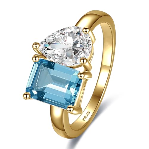 Toi Et Moi 925 Sterling Silver Women Engagement Ring 14K Gold Plated 1.5ct 6x8mm Double Stone Emerald & Pear Aquamarine Cut Wedding Band Width 2mm Size 5-9