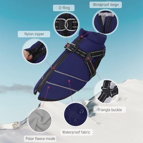 Mitili Warme Hundemantel Wasserdicht mit Geschirr, Reflektierend Hundejacke Winter für Kleine und Mittlere Hunde, Winddichte Hunde Wintermantel, Outdoor Hundeweste (Marineblau, M)