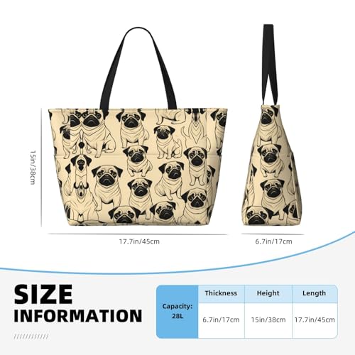 Cute Pug Dog Print Large Waterproof Beach Bag For Women With Zipper And Pockets For Travel Vacation4