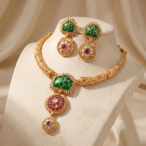 Image of Gold-Plated Antique Temple Jewellery Set for Women - Traditional Necklace with Large Peacock Pendant & Matching Jhumka Earrings | Ethnic Festive & Bridal Wear Set with Ruby & Emerald Accents