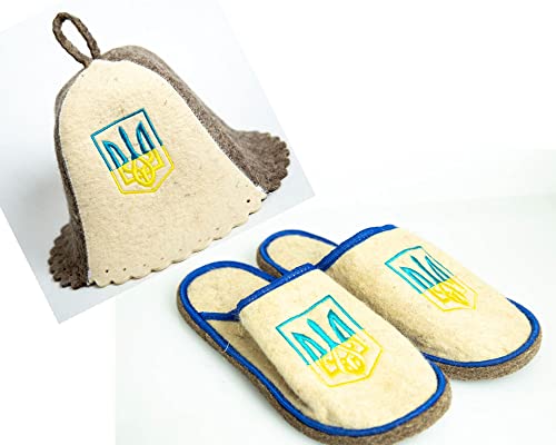 Rushnichok Sauna Hat + Slippers for Men - Russian Sauna Slippers - Sauna Male Slippers Wool - Sauna Men's Hotel Slippers Male - Ukrainian banya Slippers - Ukraine Trident - Felt Sauna Wool